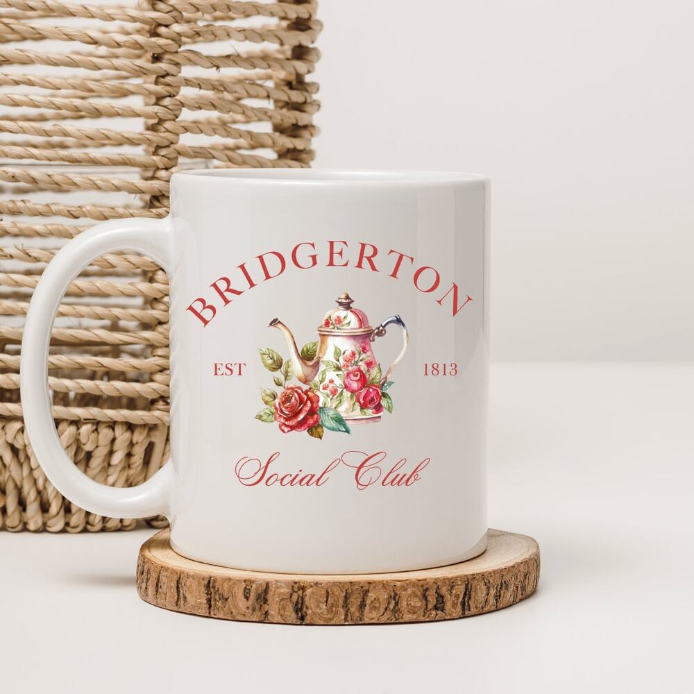 Bridgerton 15 oz Coffee Mug TV Show Social Club Teapot Floral Society Papers 01 - Picture 1 of 2